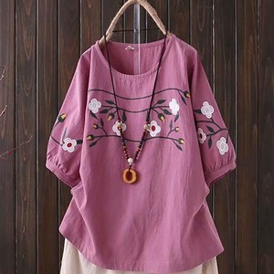 Women's Cotton Linen Embroidered T-Shirt Navy Blue Loose Fit Retro Style Plus Size Short Sleeve Breathable Everyday Wear - Product Image 3