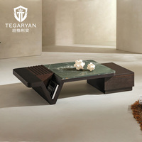 Nouvelle table basse en marbre de luxe 2026 avec tiroir de rangement, table basse moderne en placage de bois fumé et marbre irrégulier