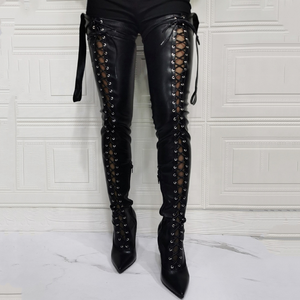 Bottines à lacets en cuir extensible pour femmes, style stiletto, avec ceinture à la taille, bottes sexy au-dessus du genou, grande taille 47 - Product Image 5