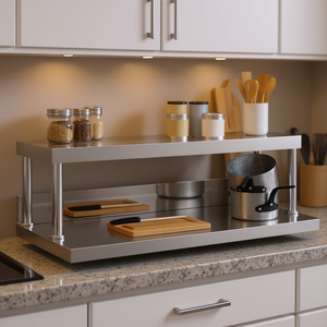 Table de travail en acier inoxydable avec étagère supérieure 43,3x11,8x13,8 po, étagère de rangement de cuisine à 2 niveaux, design minimaliste autoportant - Product Image 2