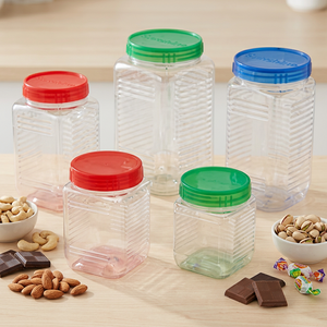 Bocaux de rangement carrés en plastique PET transparent NDURO de 200 ml avec couvercle à clipser, sérigraphiés pour les produits alimentaires - Noix, bonbons et sucre - Product Image 4