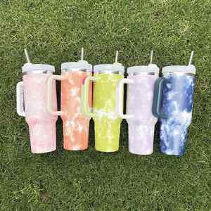 Prêt à expédier : Gobelets isothermes en acier H2.0 Tie Dye de 40 oz avec poignée et paille - Product Image 1