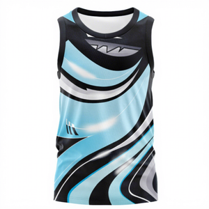 Men's Sublimated Sleeveless Basketball NRL Jersey Light Blue Black Geometric Print Moisture Wicking Fitted Tank Top - Product Image 1