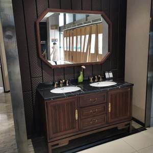 Meuble de salle de bain sur pied en bois massif, style chinois, avec comptoir en marbre de chêne et miroir intelligent. - Product Image 4