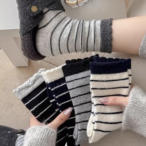 Striped Slouch Socks For Women Mid Calf Lace Trim Thermo Sweat Absorbing Polyester Fiber Casual Autumn Winter Wear - Product Image 1