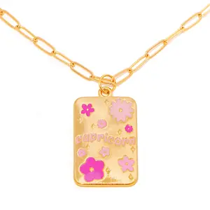 Stainless steel rectangular pendant candy colored dripping Oil 12 Constellation Pendant 18K gold-plated personality necklace
