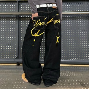 Wide Leg Denim <b>Jeans</b> Mid Waist Loose Fit Medium Wash <b>Embroidered</b> Letter Pattern Vintage Knitted Hip Hop Style Men's Pants Autumn - Product Image 3