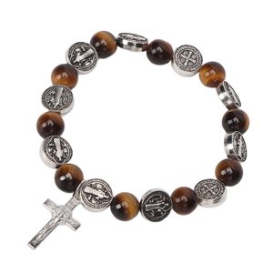 Il popolare Saint Benedict bracciale croce in lega naturale gemma 8mm occhio di tigre bracciale amuleto ciondolo rosario croce bracciale - Product Image 1