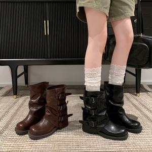 रेट्रो ब्रिटिश शैली महिलाओं के घुटने-उच्च मंच उच्च एड़ी चमड़े के जूते बकसुआ हल्के फ्लैट डिजाइन रबर पू - Product Image 2