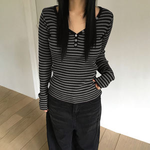 เสื้อครอปแขนยาวคอกลมลายทางเรียบง่ายสไตล์ยุโรป-อเมริกัน ทรงเข้ารูป แฟชั่นลำลอง เสื้อยืดพื้นฐานสำหรับผู้หญิง - Product Image 3