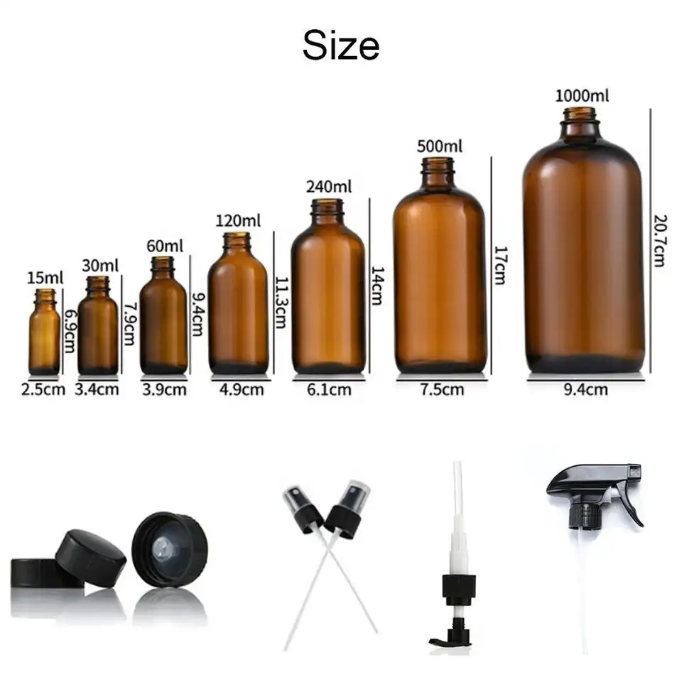 Custom 15M 30Ml 60Ml 100Ml 120Ml 240Ml 500Ml 1000Ml Thick Bottom Frosted Amber Brown Clear Spray Boston Round Glass Bottles