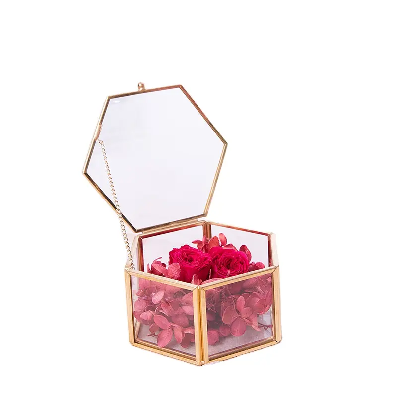 Coffret cadeau de bijoux en laiton et métal en verre vintage de luxe personnalisé étui à bijoux de mariage avec bague et fleur préservée