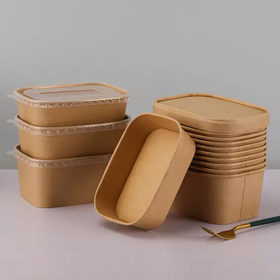 Waterproof Takeaway Food Container Kraft Food Grade PLA Paper Customized Rectangular Salad Bowls With Lid