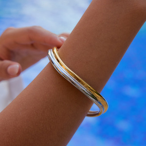 Modern Minimalist Gold <b>Silver</b> Two Tone <b>Wave</b> Pattern Bangle Unisex Jewelry Geometric Design - Product Image 4
