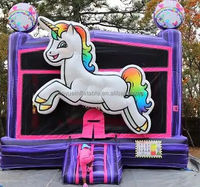 Château gonflable commercial 4x4m avec toboggan, motif licorne arc-en-ciel scintillant en PVC, facile à monter pour enfants
