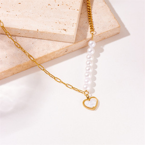 European American Style Pearl Chain Gold Plated Heart Pendant Necklace Stainless Steel Gift Jewelry - Product Image 3