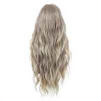 Peluca Sintética Sin Pegamento, Larga, Rubia Ceniza, Ondulada, con Línea de Cabello Natural, Resistente al Calor, con Gorra de Malla Elástica, Venta al por Mayor para Mujeres