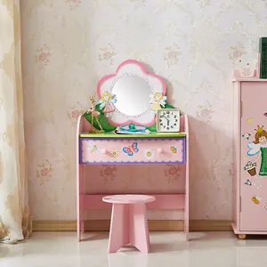 Mesa de maquillaje personalizada para niños, tocador de madera rosa con espejo, venta al por mayor