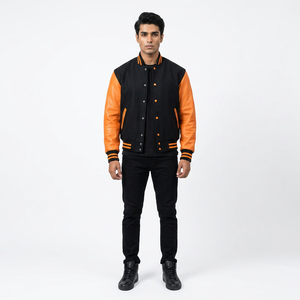Custom Logo <b>Men</b> Women Varsity Letterman <b>Jacket</b> Wholesale Super Quality Dark Black 100% Cotton Stand Collar College <b>Baseball</b> - Product Image 1