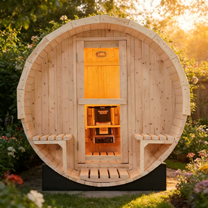 White Pine Barrel Sauna for 6 People 6KW <b>Heater</b> Rainproof Shingles & Two Porch Benches - Product Image 1