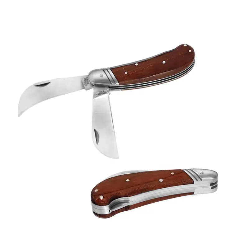 プロ品質の木製ハンドルステンレス鋼ダブルブレードナイフ折りたたみポケットキャンプ接ぎ木ナイフ