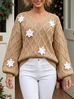 Pull ample et doux pour femme 2026, col en V, tricot torsadé, appliques flocons de neige au crochet, manches lanternes, style vintage, 100% coton