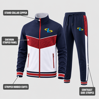 Survêtement Homme Personnalisé Bleu Marine de Haute Qualité, Ensemble Deux Pièces Rayé Colorblock avec Panneaux, Col Montant et Fermeture Éclair, Poches, Idéal pour le Sport