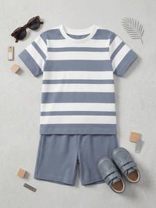 Ensemble 2 pièces en coton rayé pour bébés garçons, t-shirt et pantalon de survêtement à manches courtes, col rond, tenue d'été décontractée avec imprimé cheval - Product Image 3