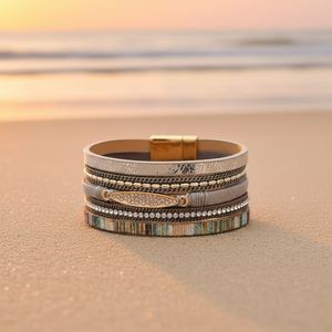 Wrap <b>Leather</b> <b>Bracelet</b> Innovative Global Export Service Crushed Opal Inlay Holiday Gift for Women Non-magnetic Steel - Product Image 4