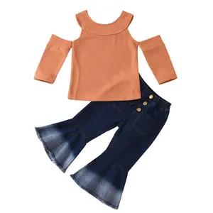 Children's Clothing Solid Color Round Neck Strapless Top Denim Flared Trousers Girls Suit