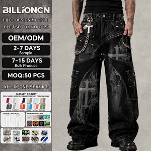 Jean sur mesure pour <span class=keywords><strong>homme</strong></span>, design Heavy Metal, vêtements Hip Hop, pantalon en jean noir délavé pour hommes - Product Image 1