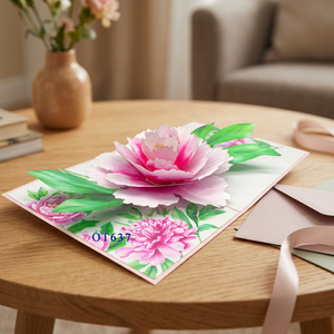 Tarjeta Pop-up 3D de Peonía Rosa Hecha a Mano, Diseño Personalizado, Estilo Floral, Papel Artesanal, Impresión Offset Vietnamita, Viet-craft - Product Image 4