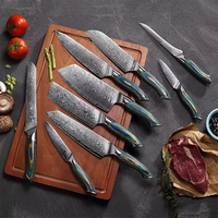 9-delige Damascus staal messenset met gekarteld lemmet, handgepolijst, multifunctioneel, Japanse stijl Santoku fruitmes, S-handvat