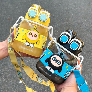 Botella de agua para niños Egg Party de 500 ml con doble pajita y boquilla para beber directamente, diseño de dibujos animados para uso escolar y al aire libre. - Product Image 3