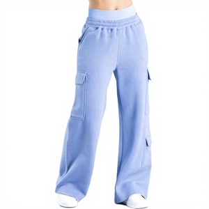 Pantalon cargo en toile bleu clair délavé pour homme, coupe large, taille mi-haute élastique, plusieurs poches, style décontracté automne - Product Image 1