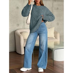 Pull en maille torsadée surdimensionné pour femme, col rond, vêtements d'hiver confortables, anti-boulochage, manches longues, style décontracté - Product Image 6
