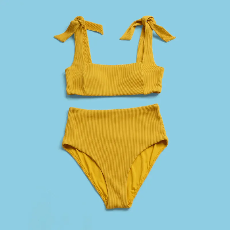 2021 패션 수영복 여름 여성 섹시한 수영복 옐로우 2 투피스 수영복 비키니 세트 수영 레이디