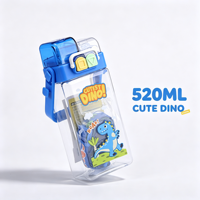 Bouteille d'eau carrée pour enfants de 520 ml, sans BPA, double bec, en plastique, avec paille et sangle, motif dessin animé, portable pour l'école