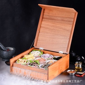 Bandeja de madera de nueve compartimentos con divisiones para presentación de comida caliente, barbacoa, uso en restaurantes. - Product Image 3