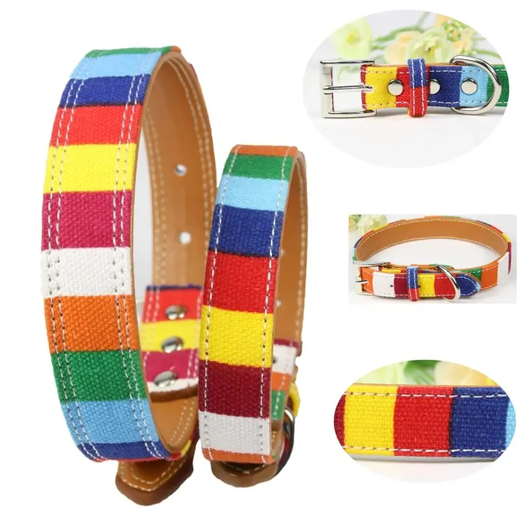 Adjustable Rainbow Fancy Dog Collars with Metal Buckle Faux Leather Colorful Ribbon Plain Pets Necklace and leashes