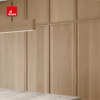 Armoires de cuisine Alland de style scandinave contemporain en chêne blanc sans cadre, finition teintée, avec quincaillerie dorée