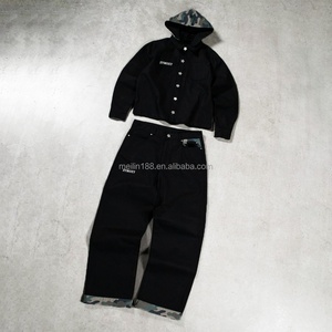 Custom Matching Outfit Jeans Tracksuit Japanese Selvedge Raw Button up <b>Jacket</b> Hoody and <b>Baggy</b> Jeans Set Two Piece <b>Denim</b> Set - Product Image 1