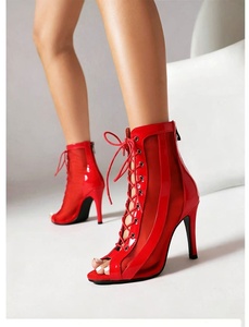 Chaussures de <span class=keywords><strong>danse</strong></span> <span class=keywords><strong>latine</strong></span> rouges de 9,5 cm, en dentelle et maille, pour jazz, ballroom, salsa, tango, swing, avec semelle en caoutchouc - Product Image 1