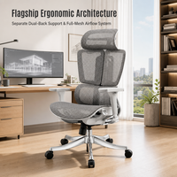 Chaise de bureau ergonomique moderne à dossier haut en maille, double soutien lombaire, accoudoirs 3D réglables, base étoile à cinq branches, pivotant à 360 degrés pour