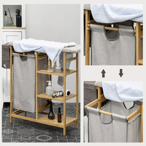 Tabla de planchar reforzada, tabla de planchar eléctrica para el hogar, estante con almacenamiento, cesto de lavandería de bambú con tabla de planchar - Product Image 2