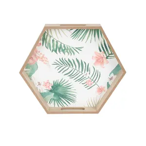New Collections Tray Wood Hexagon Wooden Tray with Handle for Breakfast & Food Serving Wood Crafts Wooden Boxes & Wall Signs