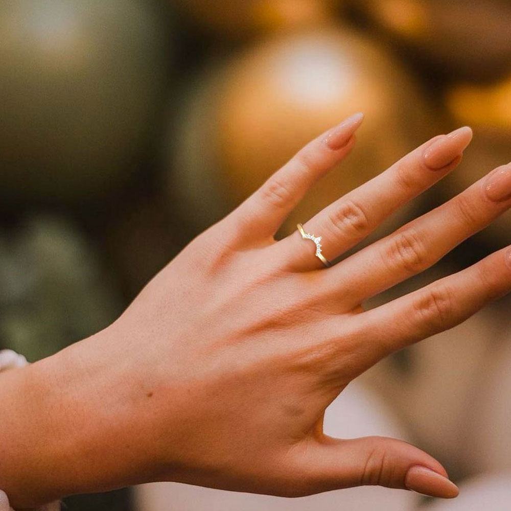 14K Gold Plated Copper Ring Women Wedding Rings V Shape Cubic