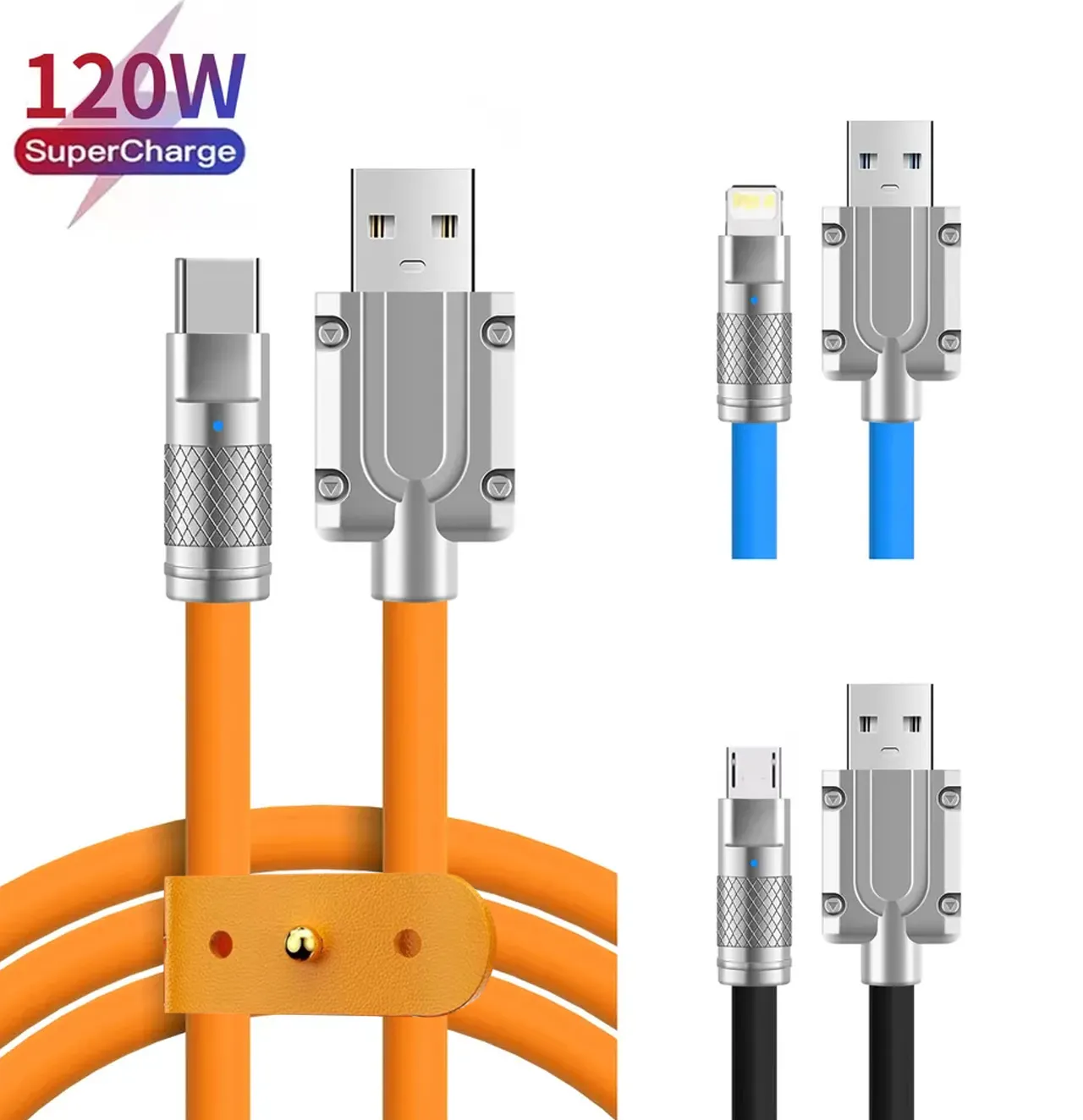 OEM Silicone 6A 120W Fast Charging 1M 1.5M 2M PD I Light Micro Phone Mobile Metal USB C Tipo Type Kabel Charging Data Cable