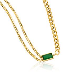 PVD Gold Plated Stainless Steel Bold Geometric Jewelry Set with Green Rectangle Stone and Double Cuban <b>Chain</b>|Retro Statemete - Product Image 5