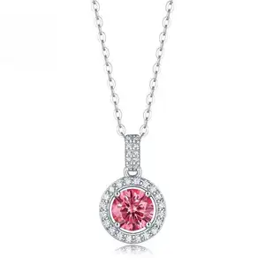Classic Garnet Color Tiffanny Style Rhodium Plated 1ct 3ct Pink Color Moissanite 925 Sterling Silver Necklace Pendant